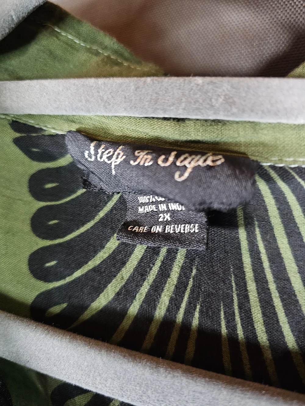Asymmetrical Button-Front Dress in Olive Green with Black Print